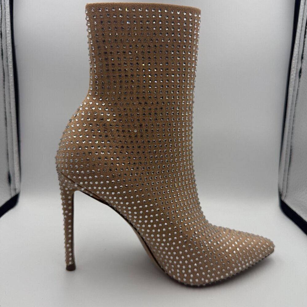 Steve Madden VELA-R TAN RHINESTONE STUD FABRIC Ankle Boot Bootie Heel Size 6